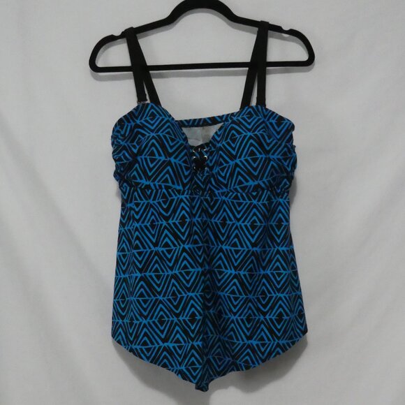 CACTUS | 1X | Geometric Blue and Black Tankini Top - Picture 1 of 13